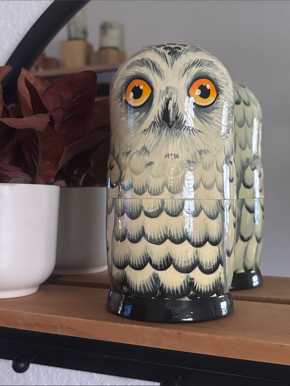 Decorative Owl Nesting Doll - Cream and Black Home Art